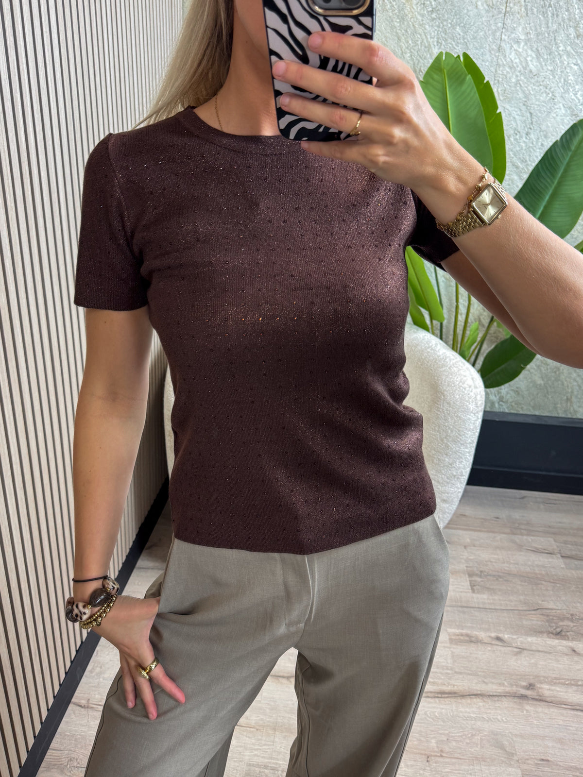 T-shirt met Glitters - Bruin