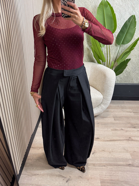 Mesh Top met Glitters - Bordeauxrood