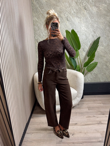Jeans met omgeslagen tailleband - bruin