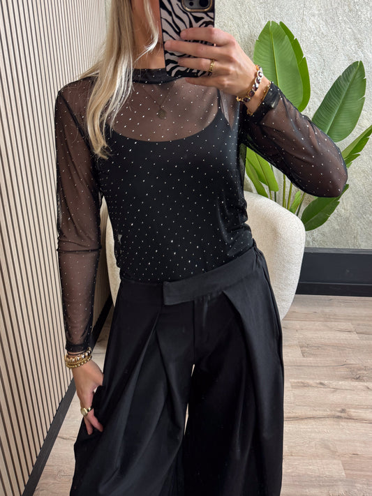 Mesh Top met Glitters - Zwart