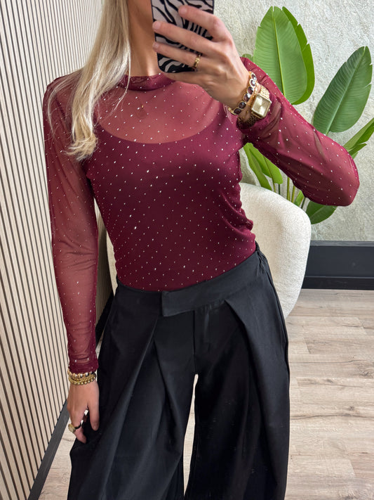 Mesh Top met Glitters - Bordeauxrood